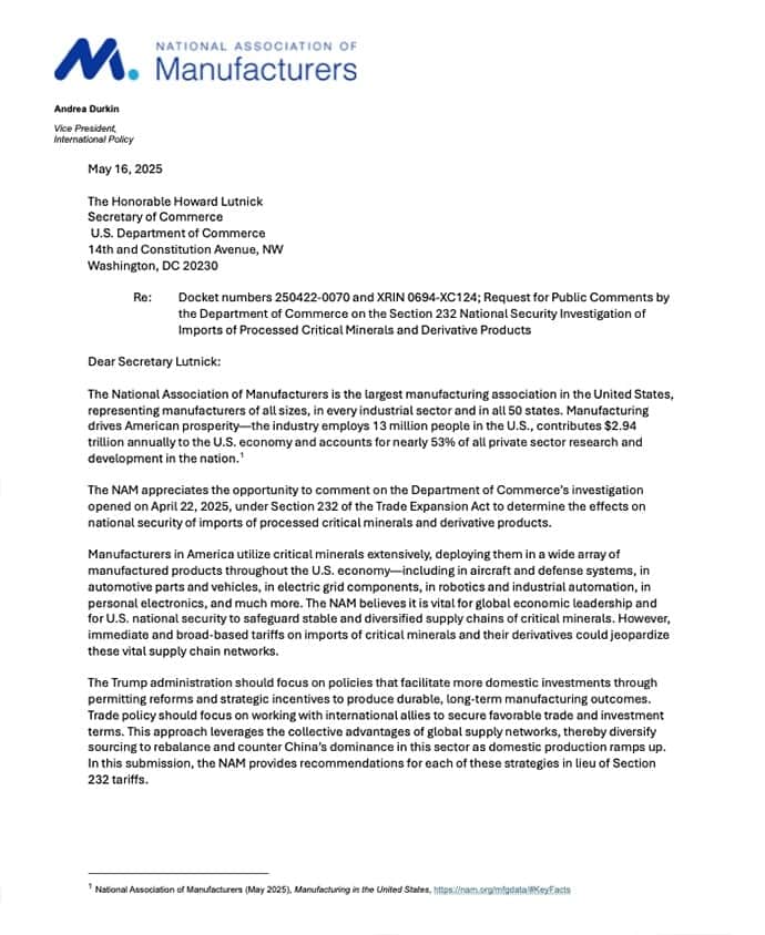 Comments on Section 232 National Security Investigation of  Imports of Critical Minerals