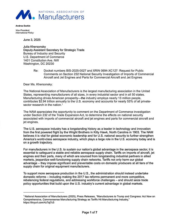 Comments on Section 232 National Security Investigation of Imports of Commercial Aircraft and Jet En