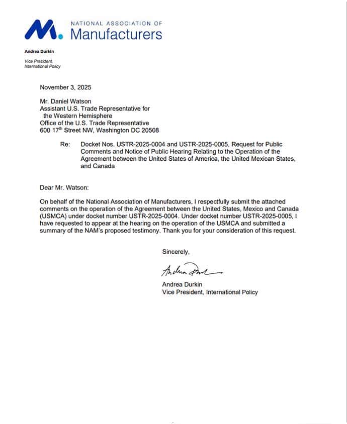 Read our letter to the U.S. Trade Representative (USTR) on the operation of the USMCA