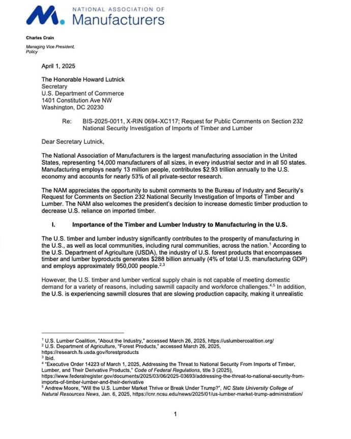 Comments on Section 232 National Security Investigation of Imports of Timber and Lumber